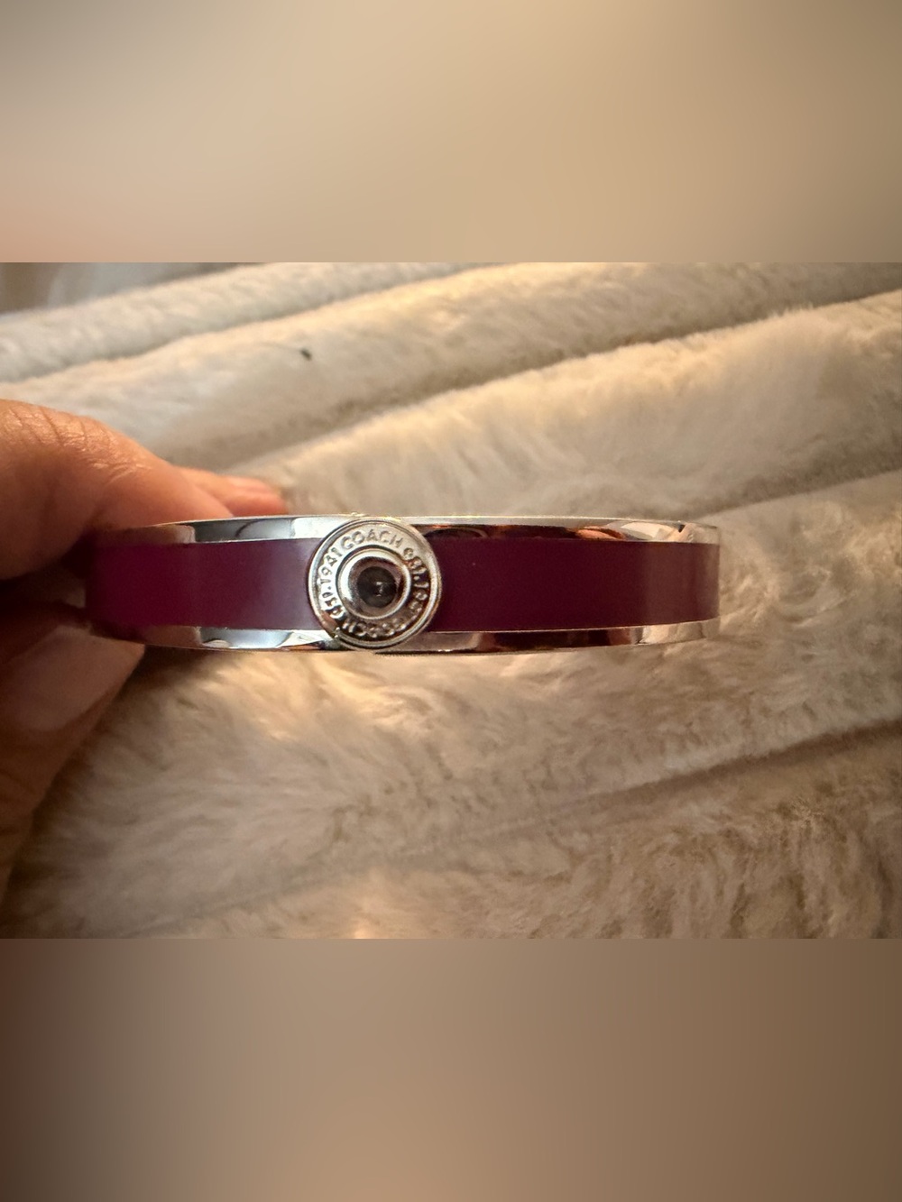 Coach Silver-Tone Bangle with Burgundy Enamel Inlay